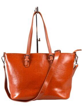 Heshe Large Leather Tote Bag Polished Cognac New Shoulder Straps